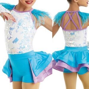 Weissman Dance Costume sassy feather sequin We Are Family 11495 Adult LA, MA